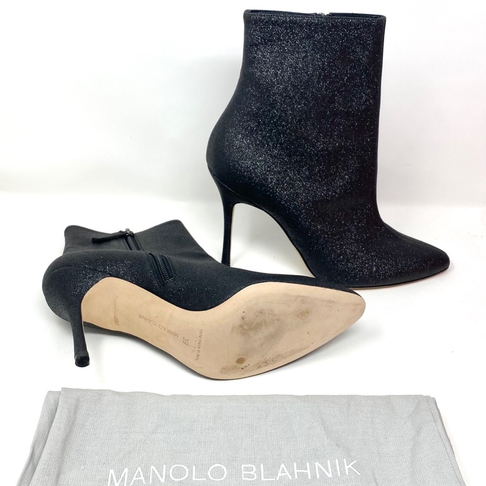 Manolo Blahnik Insopo Black Glitter Booties Heels